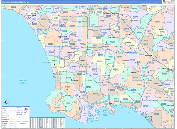 Southern Los Angeles County Metro Area Wall Map Color Cast Style
